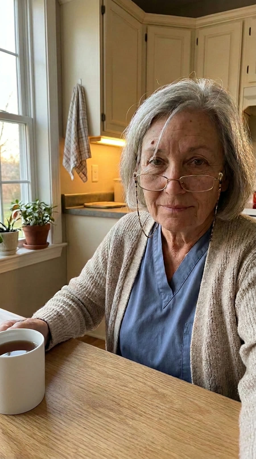 Nurse June in her blue scrubs and a cardigan at her kitchen table with a cup of tea