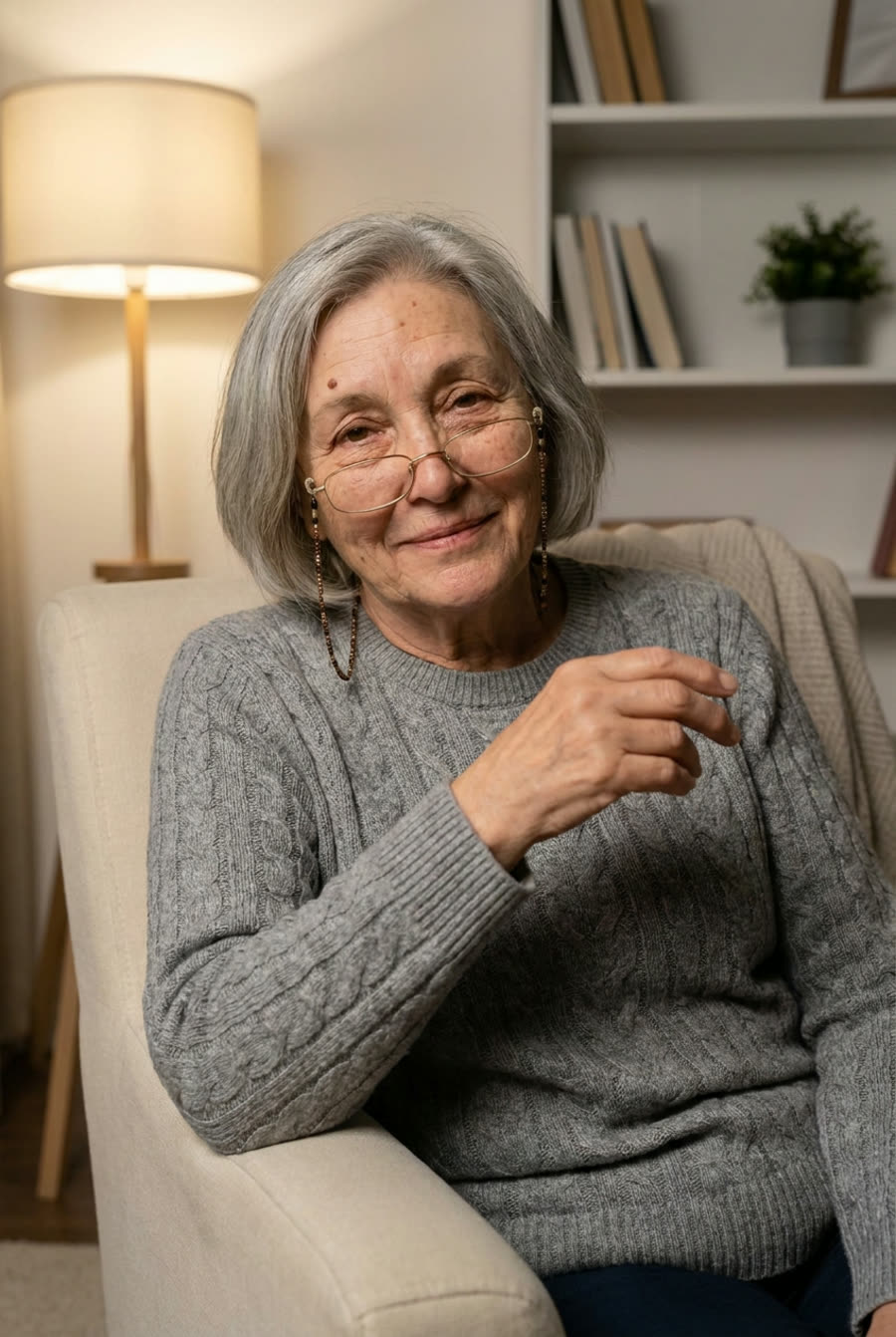 Nurse June smiling in her armchair in a lamp-lit living room