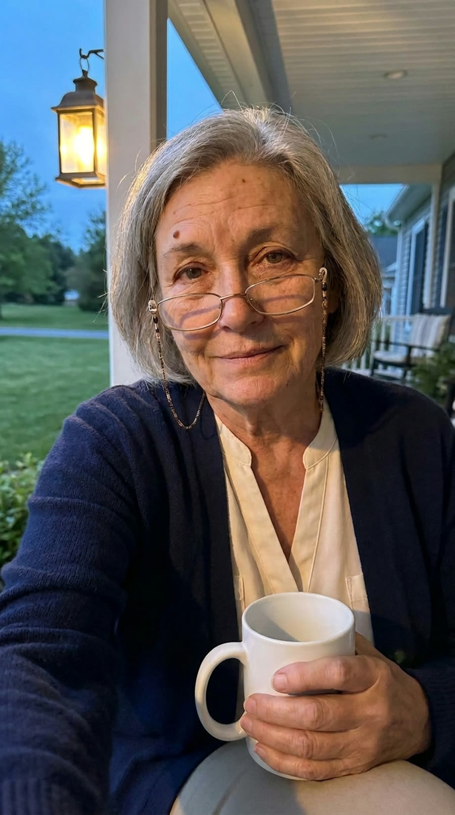 Nurse June on her porch at dusk with a white mug